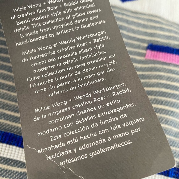 West Elm Roar + Rabbit Hand Beaded Pillow Covers Blue White Pink 17x17 Accent - Picture 7 of 9